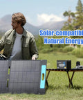 Person setting up solar panel with Two Pack 12V 10Ah LiFePO4 Battery With Built-In BMS, 5000 Plus Cycles, lightweight beside it.