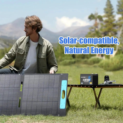 Person setting up solar panel with Two Pack 12V 10Ah LiFePO4 Battery With Built-In BMS, 5000 Plus Cycles, lightweight beside it.