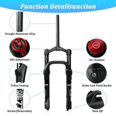 Front Fork For Four Inch Fat Tires With 130mm Travel And Crown Lockout detailed features like ABS adjustment and 9mm QR