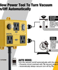Front view of SENCTRL automatic vacuum switch in yellow with two outlets for tools and dust collector.