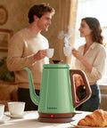 Gooseneck Electric Kettle 1L For Precise Pour Over Coffee And Tea Stainless Steel BPA Free Green Finish on counter with cups