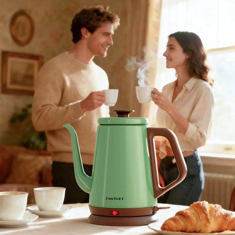 Gooseneck Electric Kettle 1L For Precise Pour Over Coffee And Tea Stainless Steel BPA Free Green Finish on counter with cups