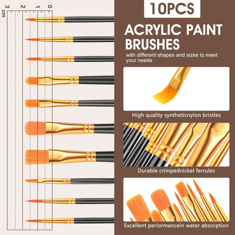 10 acrylic paint brushes with varied shapes and sizes, synthetic nylon bristles, crimped nickel ferrules, suitable for beginners and pros.