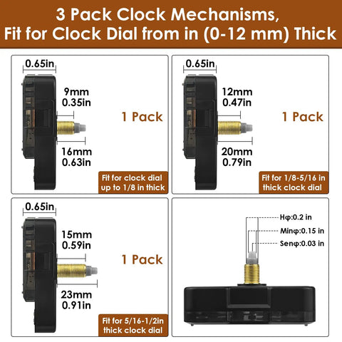 Three Shaft Size Quartz Clock Movement Kit With Eight Pairs Of Short Hands, Battery Powered Clock Mechanism Replacement, side view