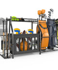 Garage Sports Gear Organizer Ball Storage Stand For Indoor Golf Bags And Gear showing two bags and balls neatly stored