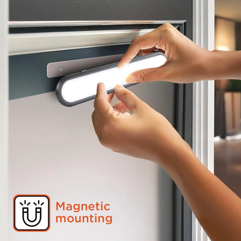 Installing Two Pack LED Light Bars With Motion Sensor, 160 Lumens, Touchless Operation, Magnetic Mount, battery-powered.