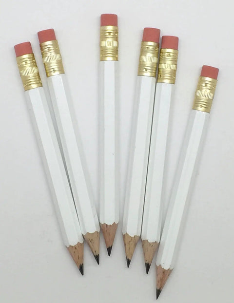 Half Pencils With Eraser For Golf And Pew Use, Short White Hexagonal Pencil, Number Two HB Graphite Lead, Latex Free Eraser