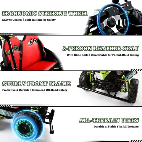 Two Seater Go Kart For Adults And Kids, Off Road 4-Stroke Engine, ergonomic steering wheel, 2-person leather seat, all-terrain tires