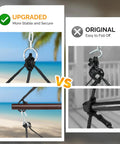 Comparison of upgraded vs original hanging mechanisms for Deluxe Hanging Hammock Sky Chair For Chill Sessions With Pillow And Drink Holder Solid Wood Spreader Bar Weather Resistant For Indoor Or Outdoor Porch Patio Yard Tree Navy Blue Supports Up To 250 Lbs