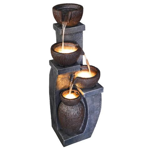 Four Bowl Outdoor Water Fountain With LED Lights Modern Polyresin Floor Fountain For Garden And Patio Lightweight Weatherproof