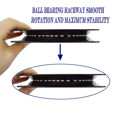 Side view of 3 Pack Heavy Duty Bar Stool Swivel Plate 6 Inch Base with solid ring of ball bearings, hand holding plate