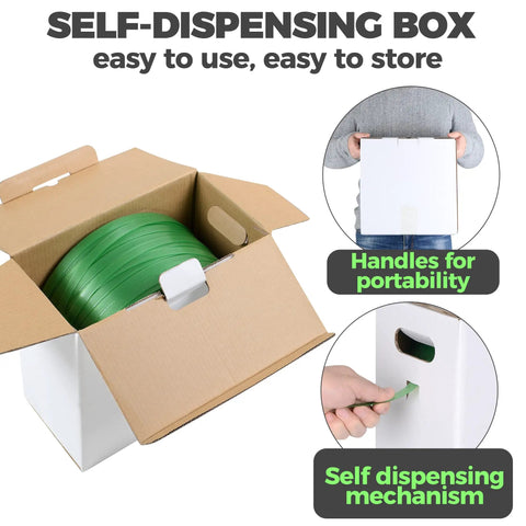 Pallet Strapping Coil In Green Polyester PET For Industrial Packaging Beefy Strength 1000 Ft Roll in self-dispensing box
