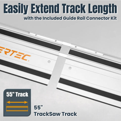 Close-up of 55-Inch Track Saw Guide Rail For Makita And Festool Saws with connector kit, shown extending track length.