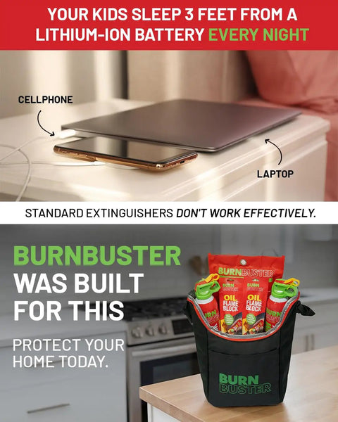 Image of BurnBuster fire safety kit next to cellphone and laptop, highlighting All-In-One Fire Safety Kit 6-Piece With Lithium-Ion Fire Suppression Gel, Two Emergency Blankets And Two Sachets For Oil And Grease Fires, Portable Compact Emergency Kit For Home, Kitchen, Car, Camping And Travel.