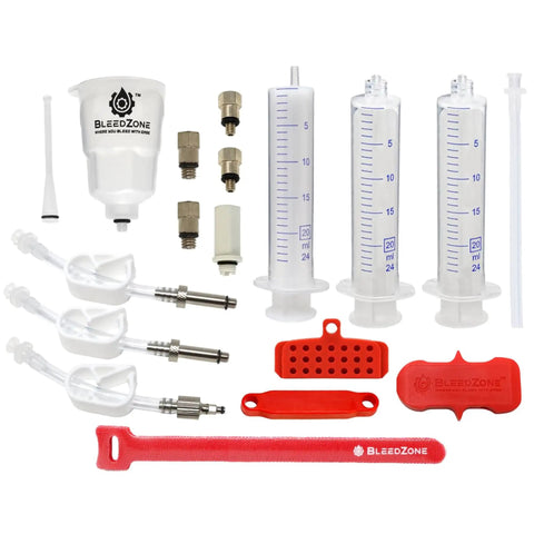 Universal Hydraulic Brake Bleed Kit For Shimano Tektro Magura SRAM And More Easy To Use Bike Bleeder Tool For MTB Road And All Bicycle Systems Compatible With Avid Hayes TRP Zoom And More For Peak Bleeding Performance, including syringes, adapters, and hoses.