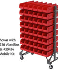 Two Sided Steel Rail Garage Organizer For Mounting AkroBin Storage Bins with red bins, gray finish, on wheels.