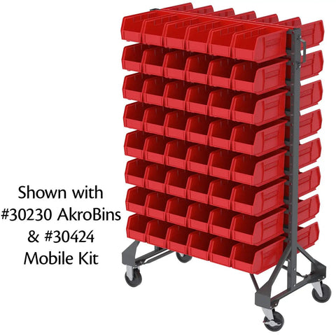 Two Sided Steel Rail Garage Organizer For Mounting AkroBin Storage Bins with red bins, gray finish, on wheels.