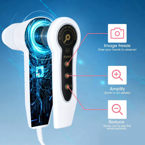 Close-up of 5 Inch Digital Scalp Camera For Skin Health Analysis With 50x And 200x Lenses, showing buttons for image freeze and zoom.