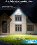 Front view of 2 Pack 150W LED Parking Lot Light With Dusk To Dawn 21000 Lumens IP66 Waterproof Outdoor Flood Light illuminating a house