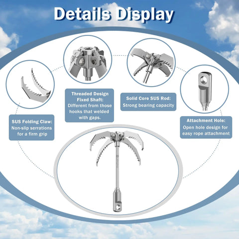 Details of Beefy Grappling Hook With 65 Ft Rope Folding 4 Claw Survival Claw for Camping with SUS steel serrated jaws