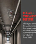 Rock Solid Heavy Duty Fire Sprinkler Head Guard Sturdy Iron Metal Shield Cover For Ceiling Pipe Setup in a hallway.