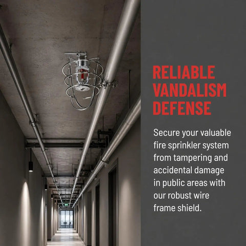 Rock Solid Heavy Duty Fire Sprinkler Head Guard Sturdy Iron Metal Shield Cover For Ceiling Pipe Setup in a hallway.