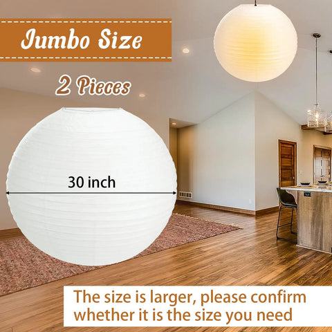 Jumbo 30 Inch White Paper Lanterns Hanging Luminaries For Weddings And Events showcased in a modern room setting.
