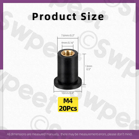 Diagram of M4 black rubber well nut showing dimensions, part of 20Pcs M4 Black Rubber Well Nuts Kit For Fairings And Windshields Neoprene Expansion Nuts Universal Motorcycle Fasteners Ideal For Canoe Boat Kayak Gear Durable Easy Install DIY Ready