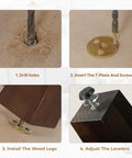Installation steps for Heavy Duty Four Inch Square Wooden Furniture Legs With Adjustable Levelers And Secure T Nuts Hardware.