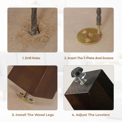 Installation steps for Heavy Duty Four Inch Square Wooden Furniture Legs With Adjustable Levelers And Secure T Nuts Hardware.