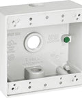 Two Gang White Weatherproof Junction Box Four Point Five By Four Point Five Inch Two Inch Deep With Three Half Inch Threaded Holes