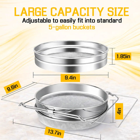 Beekeeping Honey Strainer Filter Set Two Piece With Double Sieve Stainless Steel dimensions for 5-gallon buckets