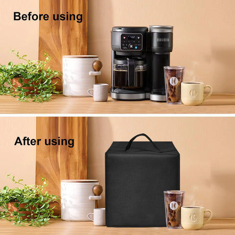 Comparison of before and after using Nylon Coffee Maker Dust Cover For K-Duo Gen2 And K-Cup Gen1 Brews, black waterproof cover.