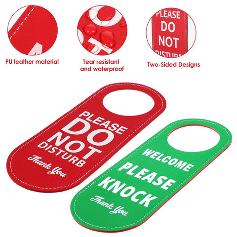 Durable PU Leather Do Not Disturb And Please Knock Door Knob Privacy Sign, Double Sided Green Red For Office, Clinic, Dorm, Online Class, Video Meetings, 1 Pack shown with red and green sides, PU leather material, and waterproof design.