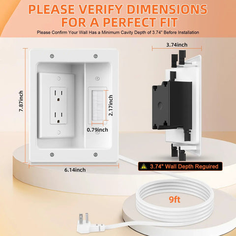 Wall Cable Concealer Kit With Brush Wall Plate And Recessed Outlet Box 9ft Cord Dimensions Diagram