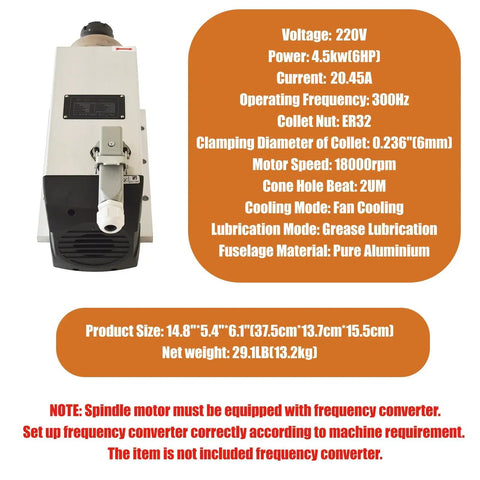 Beefy 4.5KW 220V ER32 Square Spindle Motor For CNC Routers Up To 18000 RPM, aluminum body, rear view with specifications
