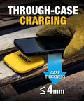 10W Max Fast Wireless Charger Pad for iPhone and Samsung Galaxy AirPods demonstrating through-case charging on a desk.