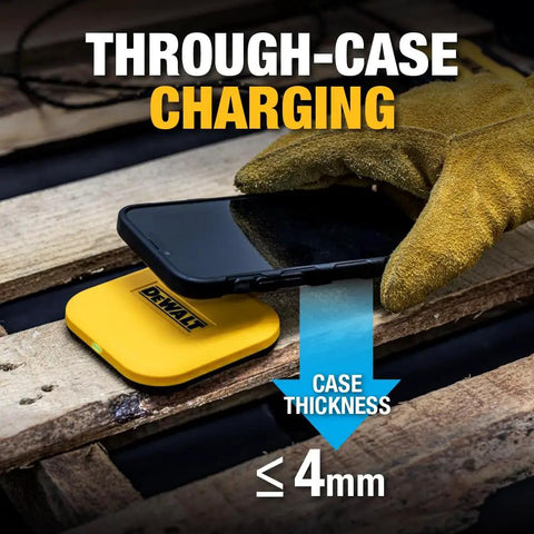 10W Max Fast Wireless Charger Pad for iPhone and Samsung Galaxy AirPods demonstrating through-case charging on a desk.