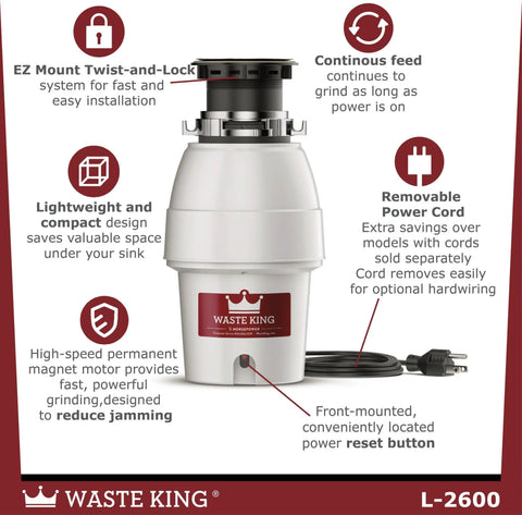 Legend Series Continuous Feed Garbage Disposal For Kitchen Sink With Power Cord L 2600 RPM High Speed Motor EZ Mount For Quick Install No Sweat Maintenance Quiet Operation No Electrical Expertise Required