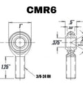 Built Tough No Bs Installation 3 8 Inch Male Rod End Bearing Right Hand Thread With Jam Nut Included Precision Ground Steel heim Joint drawing with dimensions.