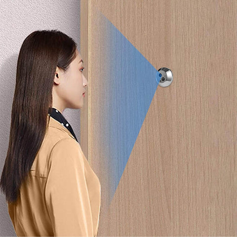 Side view of a Smart Video Doorbell Camera with 4.3-inch display and WiFi door peephole viewer installed on a wooden door.