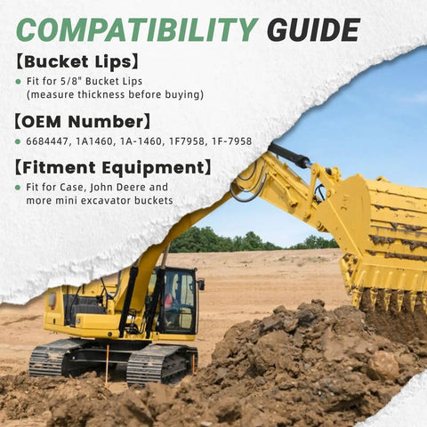 Image of an excavator using Five Pack Trenching Bucket Teeth For Backhoe And Skid Steer Bolt On Five Eighth Inch Lip Includes Bolts And Nuts