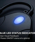Close-up of blue LED status indicator on Heavy Duty Outdoor Smart Power Strip, showing power ON/OFF at a glance.