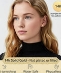 14K Yellow Gold Ball Stud Earrings 5mm No Tarnish Hypoallergenic Everyday Jewelry For Work And Dress Up Classic Polished Gold Balls That Won't Fade Or Turn Your Ears Green. model wearing 5mm 14K yellow gold ball stud earring