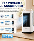 3-in-1 portable mini personal air conditioner with remote in a room, showing fan, humidifier, and cooler settings on display.