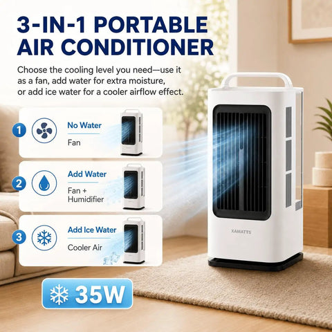 3-in-1 portable mini personal air conditioner with remote in a room, showing fan, humidifier, and cooler settings on display.
