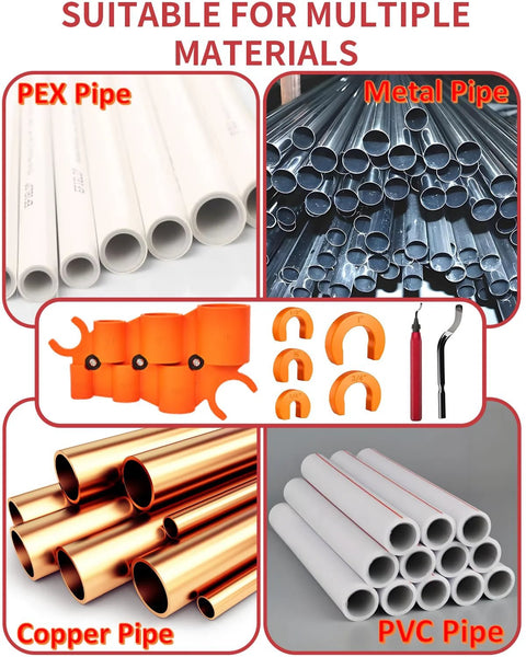 12-piece pipe deburring and depth gauge set with 5 blades; orange tools with PEX, copper, PVC and metal pipes