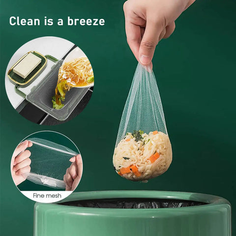 Hand holding mesh bag with food scraps over trash can, Foldable Kitchen Sink Strainer With Filter Rack And 100 Disposable Fine Mesh Bags