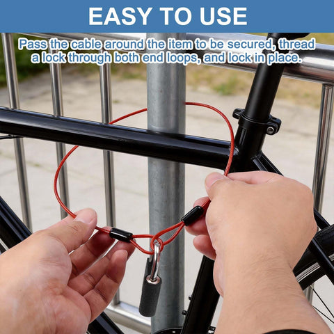 Blue Heavy Duty Safety Cable Wire Rope With Double Loop securing a bike on a metal pole