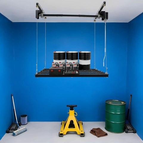 Hardcore Adjustable Overhead Garage Storage Rack With 300 Pound Capacity Rustproof Carbon Steel Ceiling Mount Hanger with tools and cans stored.
